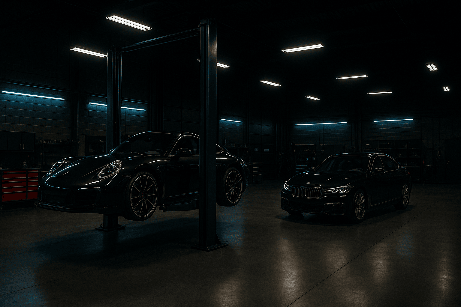 Premium auto repair garage with luxury vehicles